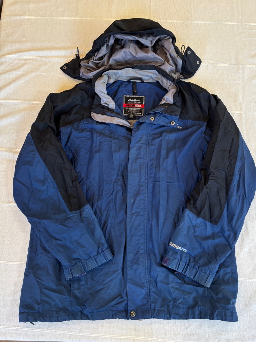 Eddie Bauer WeatherEdge Waterproof Rain Jacket Mens XL Blue Black Hooded Parka